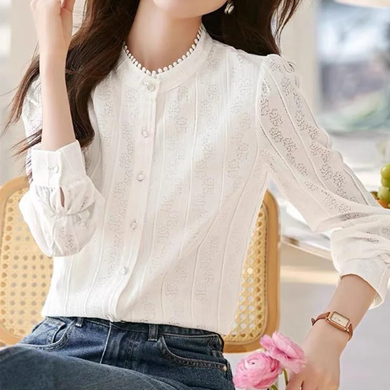2024 New Summer Office Lady Loose Casual Bohemian Women's Shirt Hollow Out Chiffon Knittingbutton O Neck Long Sleeve Chic Tops