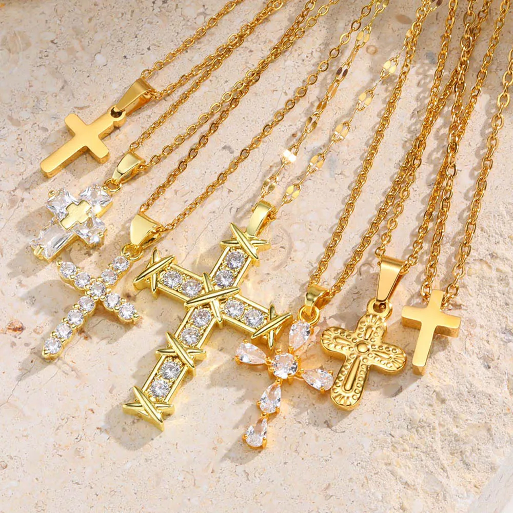 

Minimalist Stainless Steel Cross Necklace for Women, Small Cubic Zirconia Crucifix Pendant, Adjustable Chain Religious Jewelry