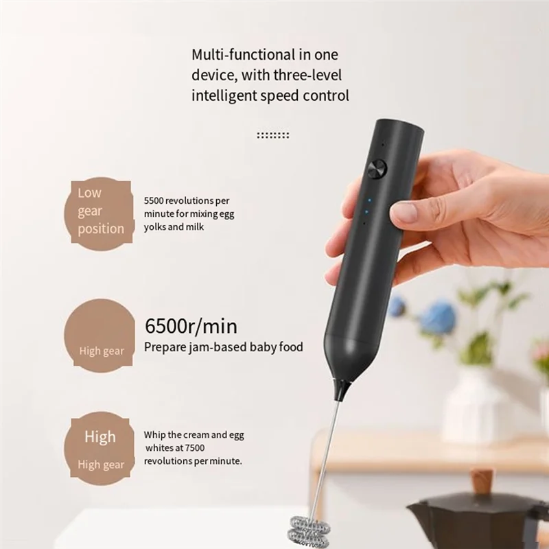 BAAN-ハンドヘルド電動ミルク泡立て器充電式ミニブレンダーコーヒー用3スピード設定