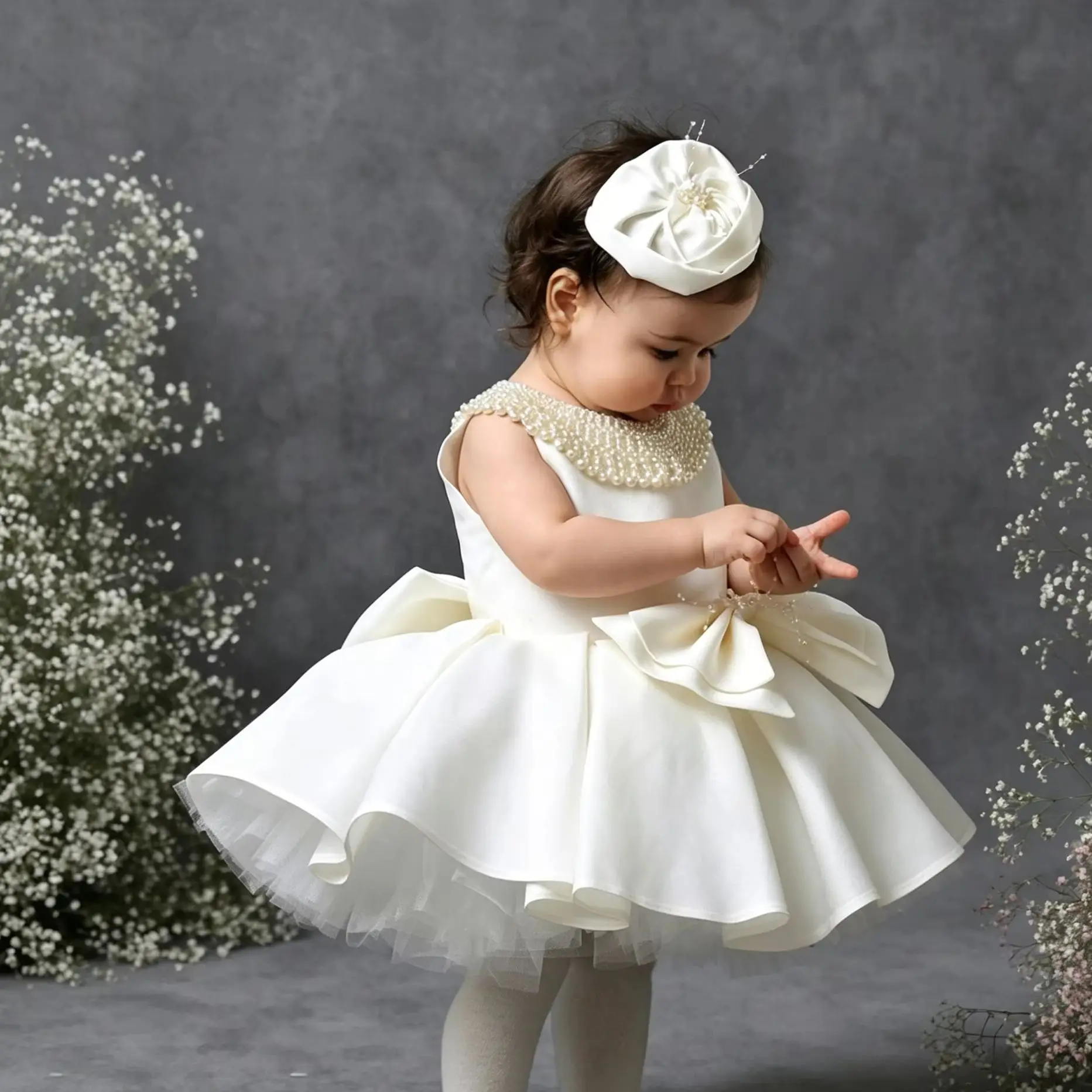 

Princess Flower Girl Dress for Wedding Perals Sleeveless with Bows Kisd Birthday Gowns First Communion Gowns Customized