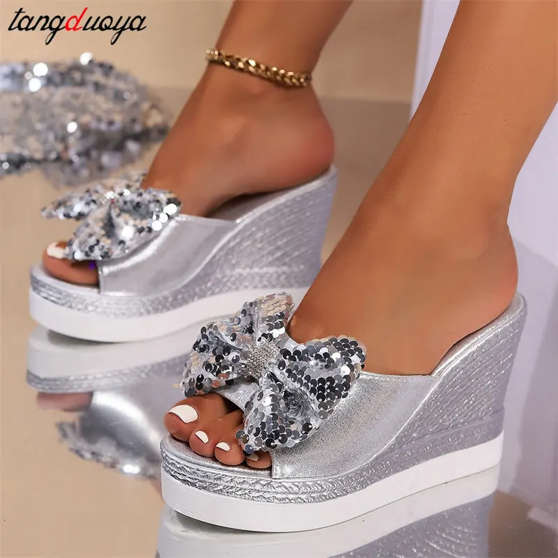 High wedge slippers women 2024 new Shiny Sequin butterfly knot sandals women summer fashion Slope heel open toe Slippers size 4