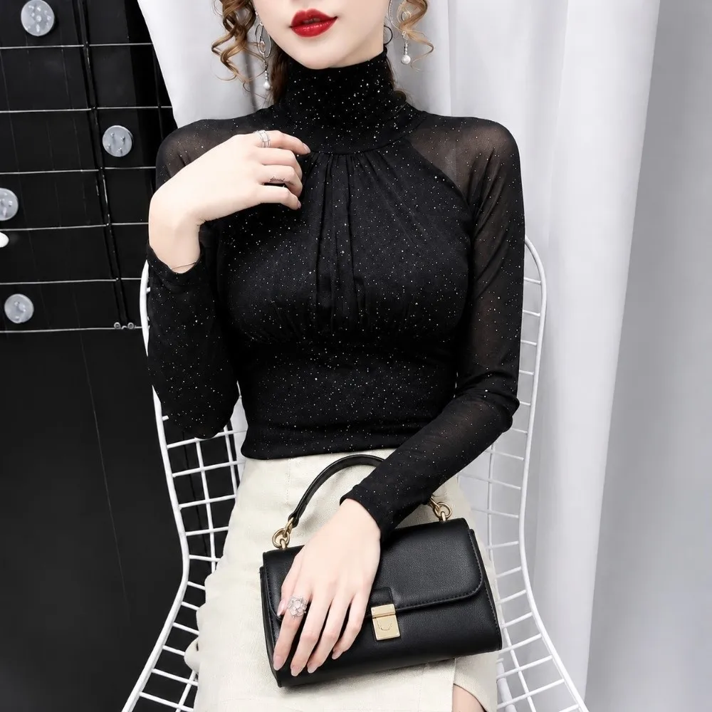 Elegant Mesh Lace Blouse Glitter Detail Ruched Front Mesh Top Slim Fit Fleece‑Lined Option Long Sleeve Shirt Daily Wear