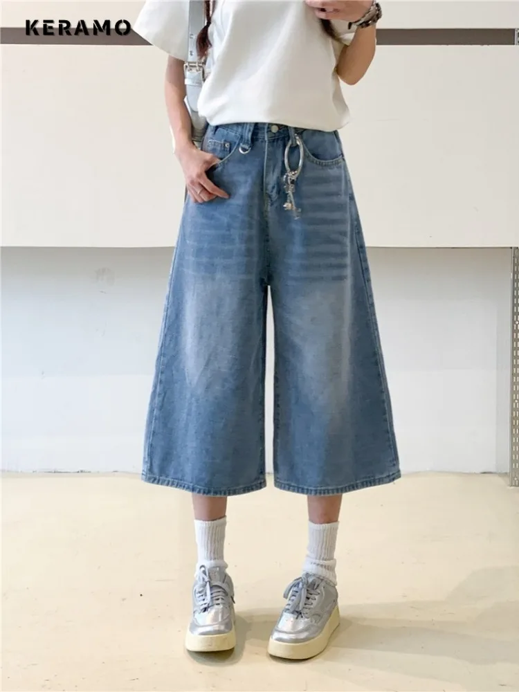 Japanese 2000s Y2K Baggy Denim Shorts Women Washed Blue Casual High Street Retro Shorts Female High Waist Trashy Mid Long Jeans