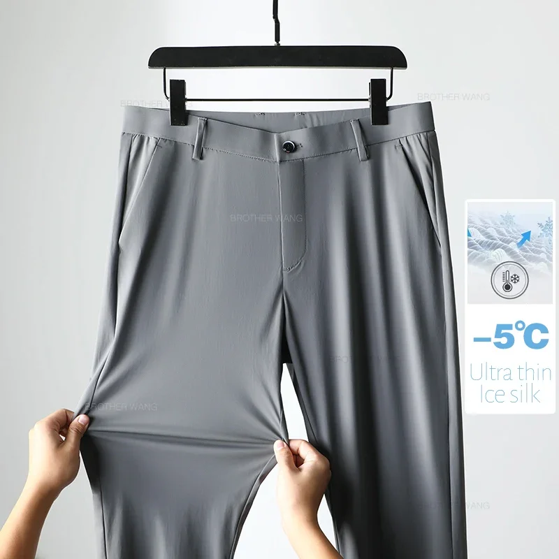 Spring Summer Ultra-thin Casual Pants Men's High Elastic Ice Silk Quick-dry Straight Draped Business Trousers Male Korean