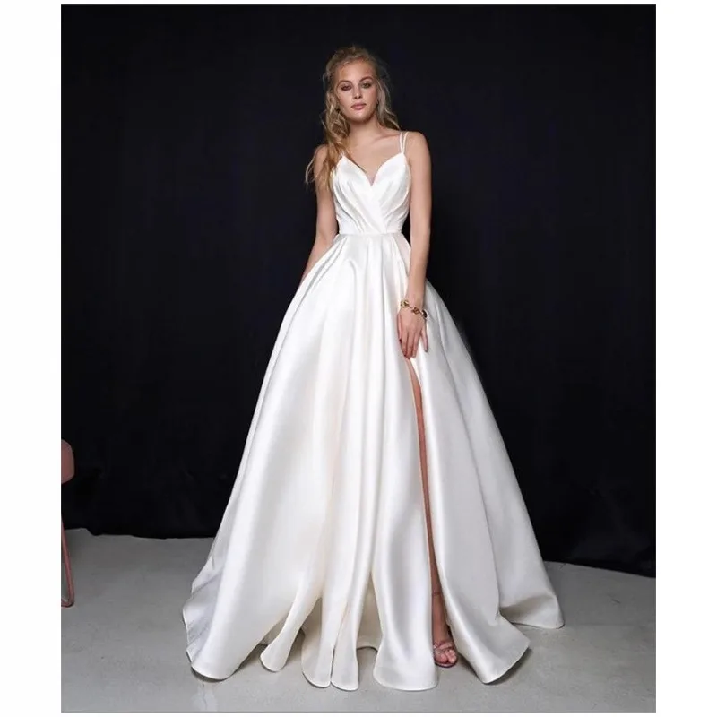 

2026 Simple Long Satin Wedding Dress Women Sexy Spaghetti Straps Ruched Pleats A Line With Train Bridal Gowns Vestido De Noiva
