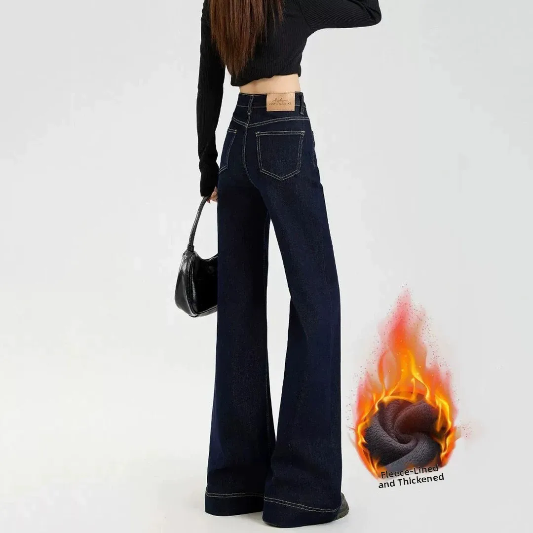 Women's Fleece Lined Bell Bottom Jeans High Waist Zipper Closure Cotton Stretch Denim Warm Autumn Winter Slimming  Hoof ...