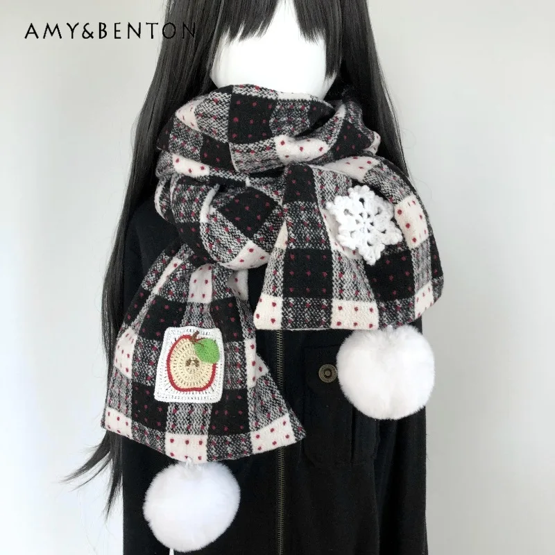 الحلو لطيف الكرتون التطريز ندفة الثلج طباعة بوم بوم قلادة وشاح ناعم اليابانية Kawaii المرقعة منقوشة سميكة وشاح طويل