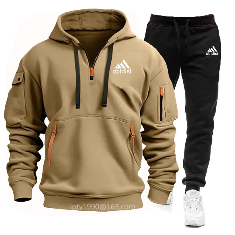 Autumn and winter men\'s track-and-field jogging casual sportswear set multi-pocket zipper hoodie + black trousers two-piece set