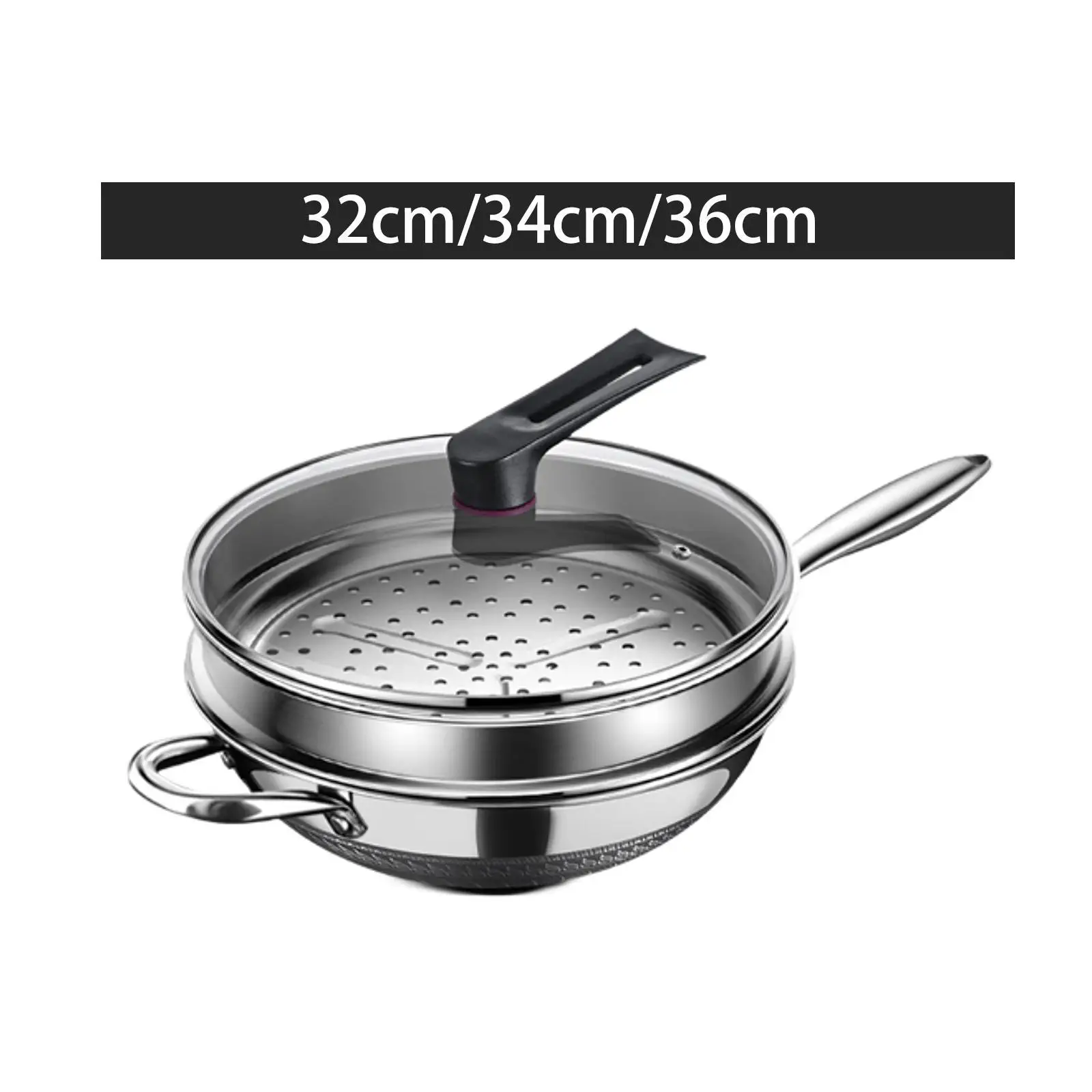 

Stainless Steel Wok Pan Cooking with Lid And Steamer Grid Honeycomb Surface Large Ergonomic Handle Frying Pot