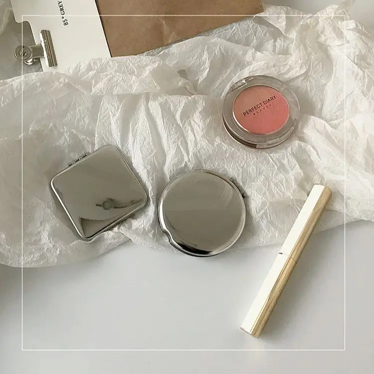 Ins Simple Sliver Stainless Steel Makeup Mirror Handheld Pocket Folding Double Side Mirror Cosmetics Make Up Mirror Small Mirror