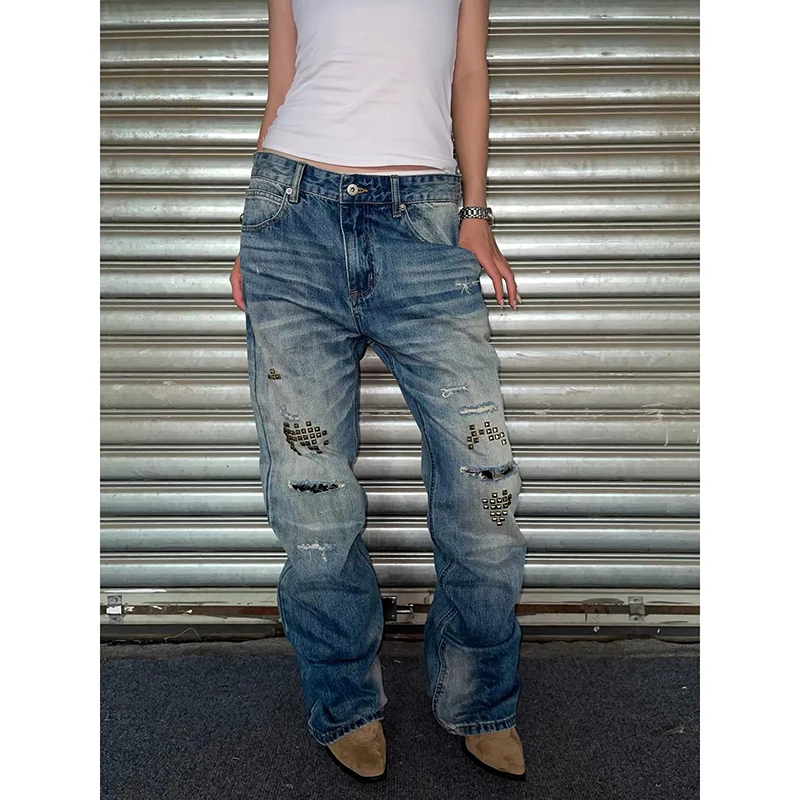 YIBASHU Autumn Women's Low Rise Flare Jeans Punk Blue Denim Pants Academia Gothic Rivet Abi Y2K Japanese Harajuku Bell Bottom