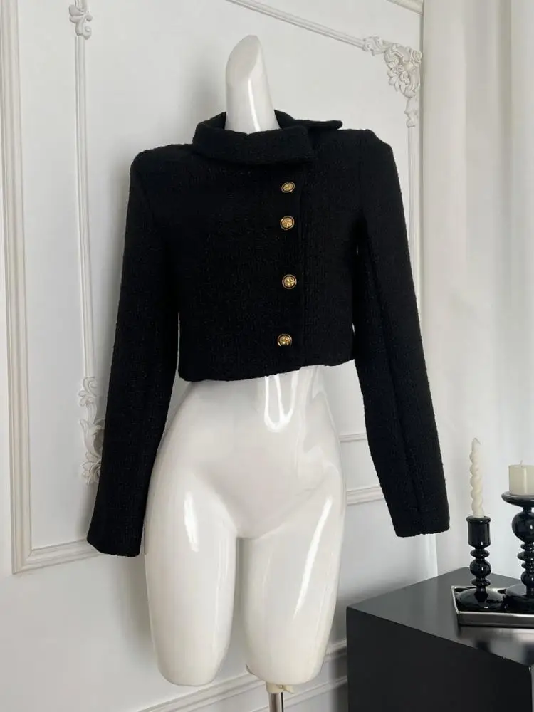 

French Fashion Woman Autumn Winter Retro Black Long Sleeves Coat Vintage Elegant Single Breasted Festival Short Jacket Tops Chic