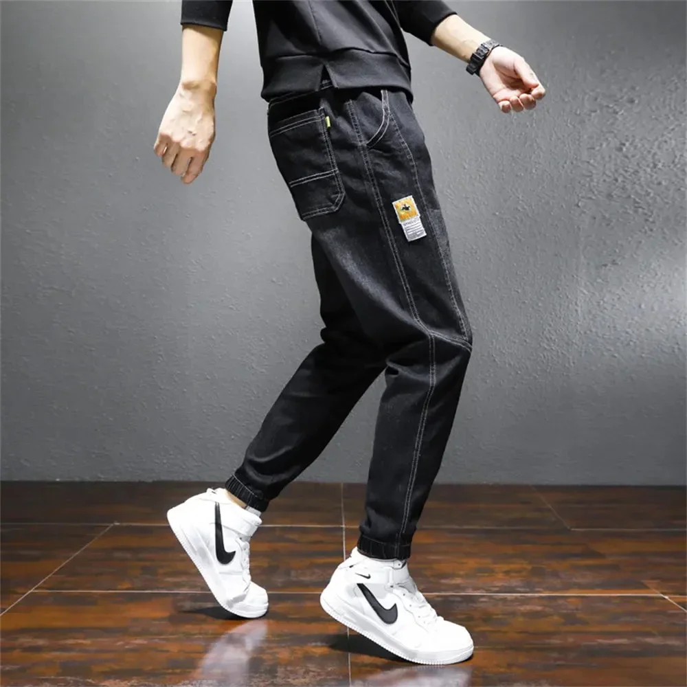 Japão coreano moda masculina perna larga jeans novo streetwear em linha reta baggy cintura elástica calças jeans masculino casual calças soltas