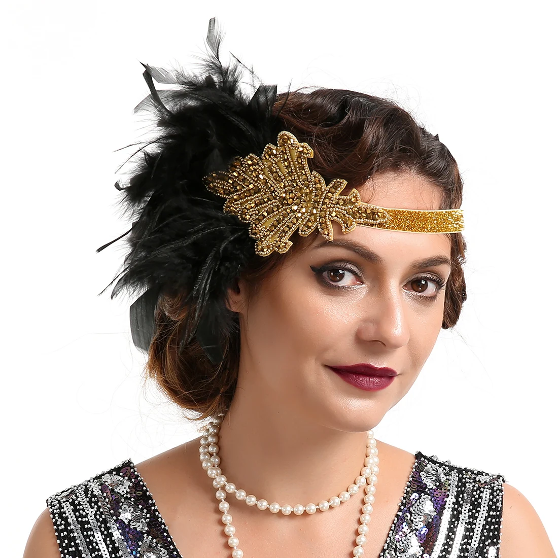 

1920S Feather Elastic Hair Band, Flapper Gatsby Feather Headband, 20s Beaded Showgirl Headpiece