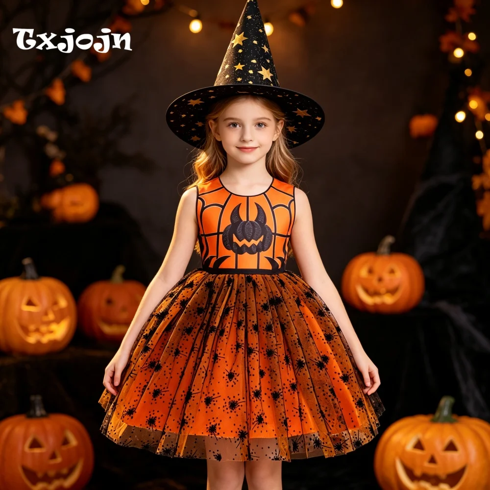 Halloween Girl's Dress with Free Hat 3-14 Years Old Girl's Printed Fluffy Dress Puff Sleeve Mesh Dress Performance Dress