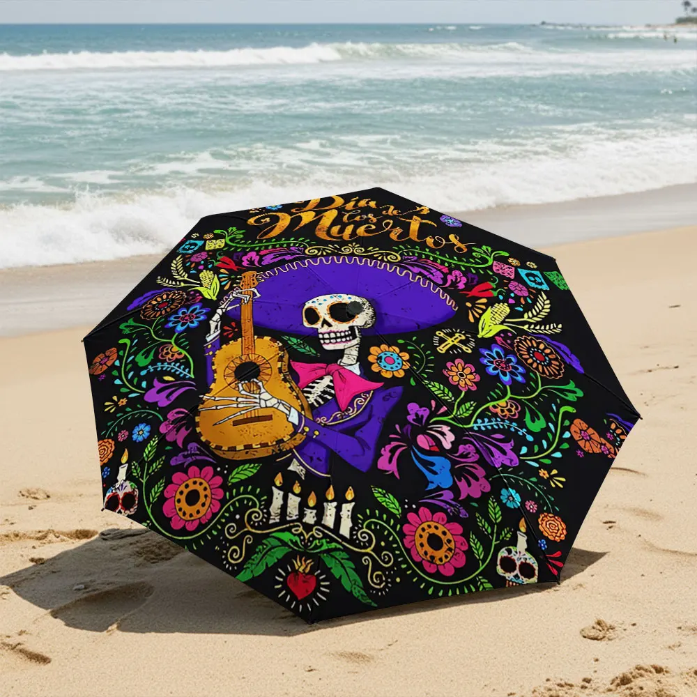 Day of the Dead Skeleton Guitar Art Umbrella Compact Fashion Folding Umbrella for Daily Use, Christmas Gift