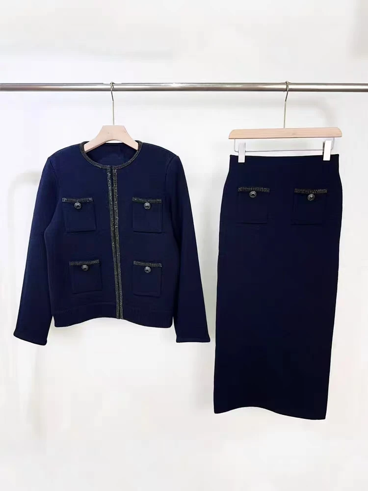 

Spring And Autumn New Fashion Knitted Heavy Industry Diamond Decoration Long Sleeve Woolen Cardigan Coat+Hip Wrapping Half Skirt
