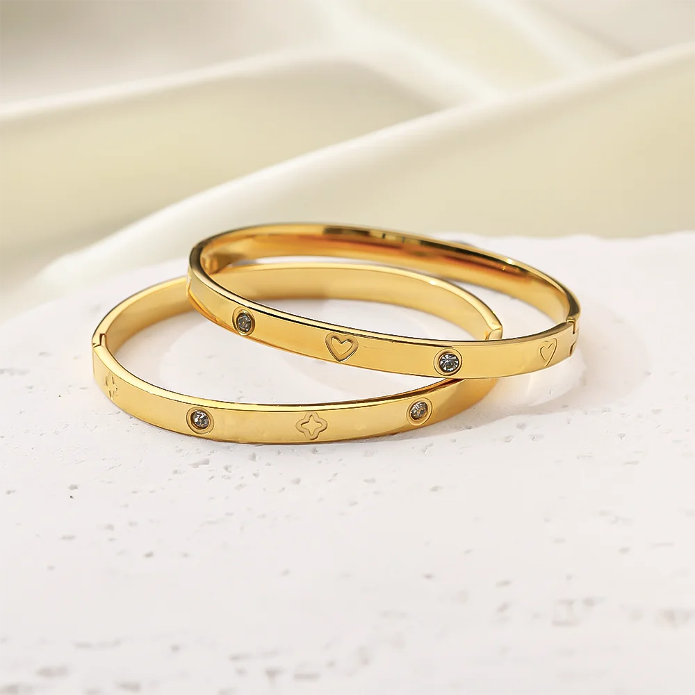 

2PCS Set Heart-shaped Stainless Steel Cuff Bracelet Bangle for Women, Simple Combination Fashion Waterproof Brand Jewelry Gift