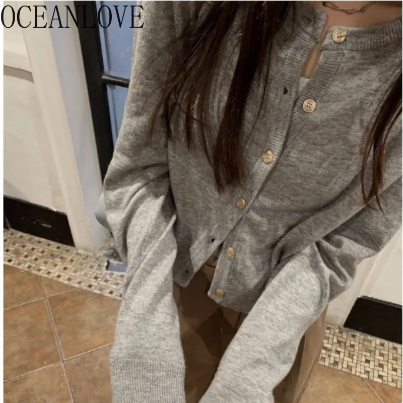 OCEANLOVE Short Cardigans Solid Korean Fashion Spring Autumn Simple Casual Women Sweaters Grey Elegant Chic Sueter De Mujer