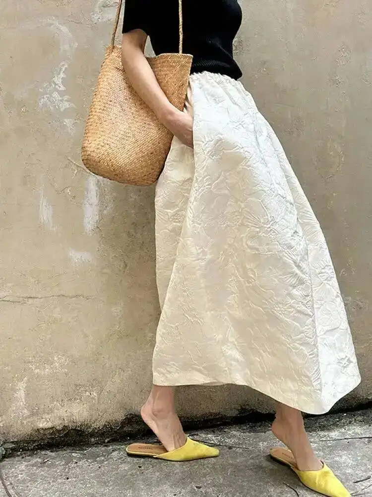 2026 New Arrival Spring/summer Arts Style Women Casual Loose Fit Elastic Waist A-line Jacquard Design Ankle-length Skirt BVI8