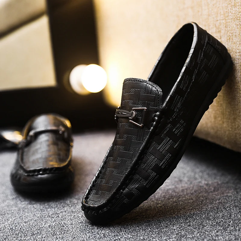 HKDQ رائجة البيع الأسود أحذية جلدية بدون كعب للرجال حجم كبير 46 الانزلاق على حذاء رجالي كاجوال خفيفة الوزن حذاء مسطح عدم الانزلاق أحذية قيادة #4