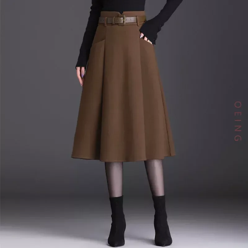 

Autumn Winter Thick Coffee Black A-line Woolen Skirt Women Elegant High Waisted Loose Casual Knee-length Skirts Office Lady 2611