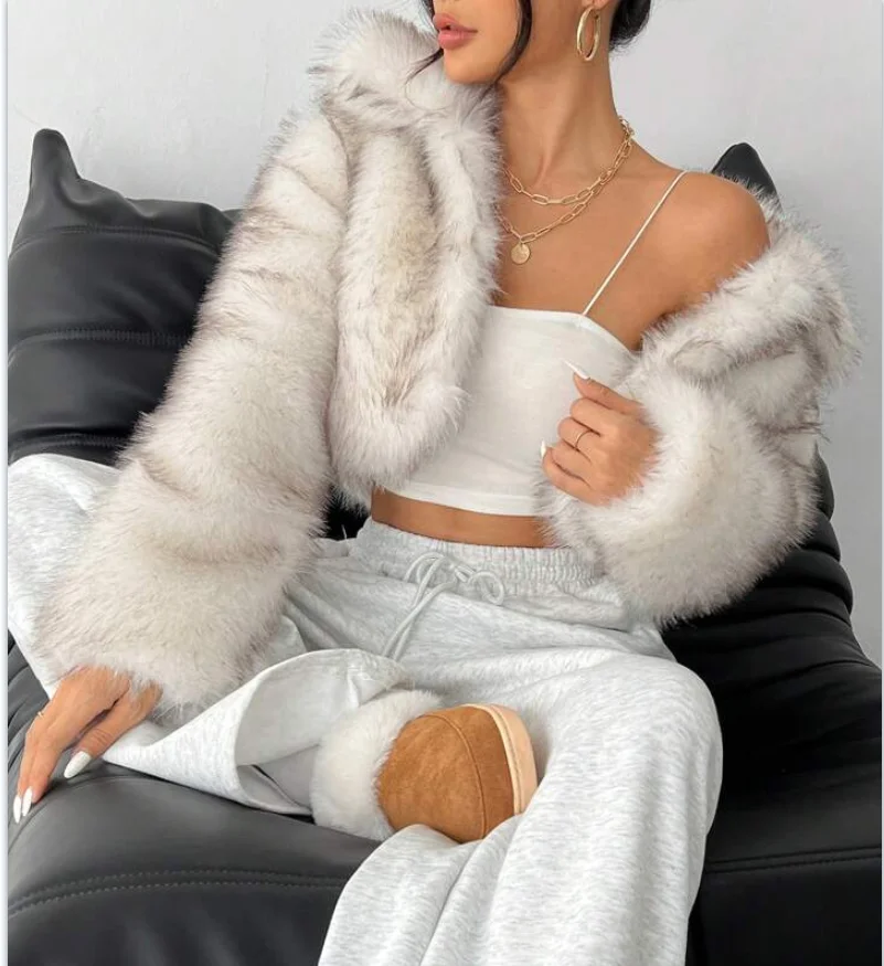 

Female Fluffy Faux Fox Fur Jacket Overcoat Winter Loose Luxury Long Sleeve High Waist Patchwork Coat Women's Outwear 2025