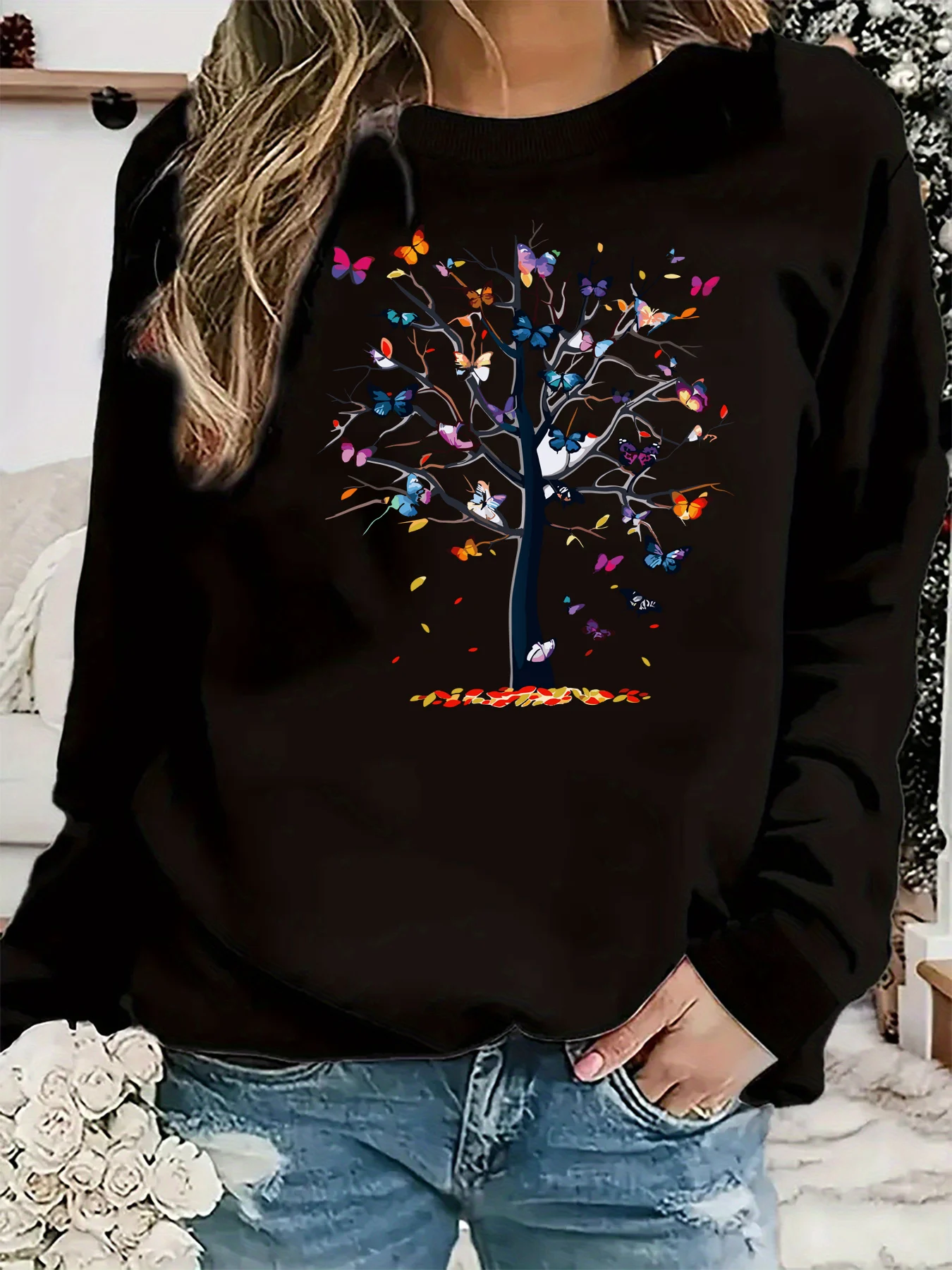 سترة نسائية للخريف والشتاء كاجوال فضفاضة ومريحة ودافئة على شكل شجرة فراشة مطبوعة برقبة دائرية وأكمام طويلة