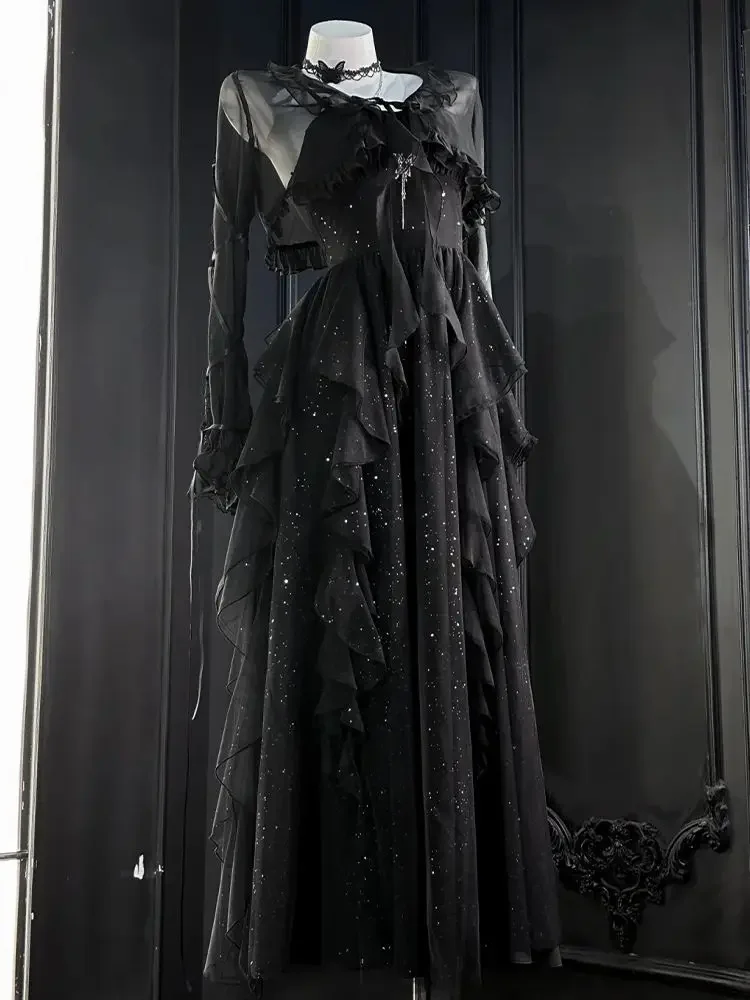 

2025 New Slim Waist Mid-length Ruffles Camisole Dresses+ Long Sleeve Cardigan Coat Women Summer Black Two Piece Sets