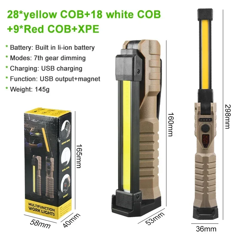 COB LED 휴대용 손전등 USB 충전식 마그네틱 랜턴, 내장 배터리 포함, 캠핑 비상 접이식 토치, 7 가지 모드 조명