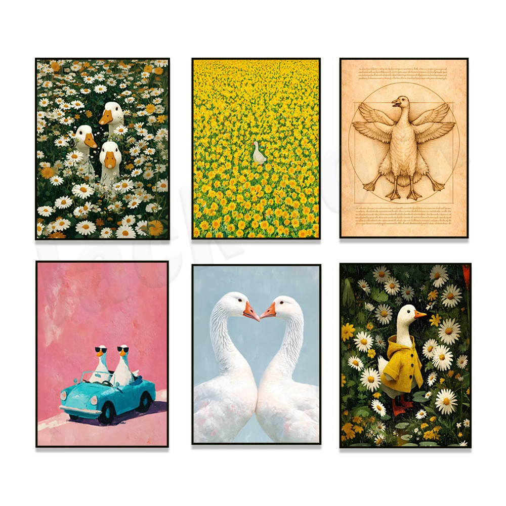 Goose-themed wall murals, romantic goose couples, ducks in a daisy field, pastoral floral posters, whimsical animal art.