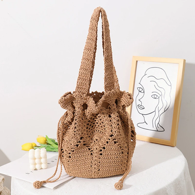 

Cotton thread woven bag women hand-held fairy flower bucket straw bag women's new one-shoulder holiday seaside beach bag purse