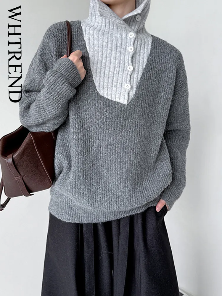 

WHTREND Лоскутные вязаные свитера для женщин с отложным воротником и длинными рукавами, осень-зима, новый шикарный стильный модный свитер WH1843