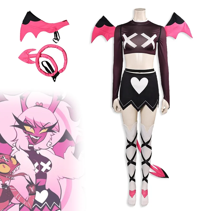 

Anime Verosika Cosplay Costume Adult Women Top Skirt Wing Love Striped Socks Tail Full Set Accessories Hallown Role Play Outfit