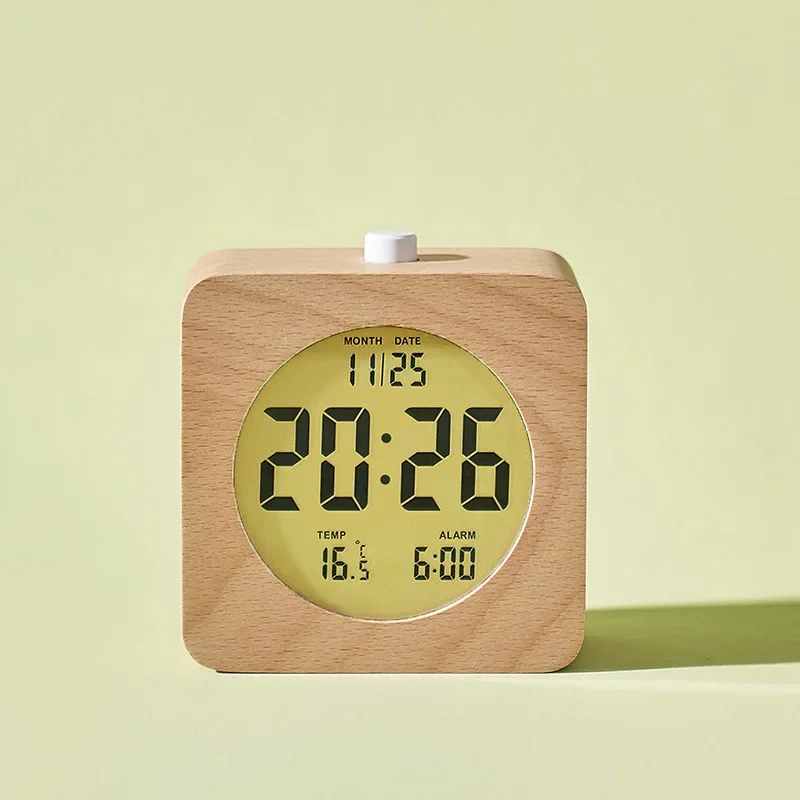 

Japanese Style Wooden LCD Alarm Clock Small Round Bedside Clock with Temperature Humidity Display Handmade Bedroom Desk Clock