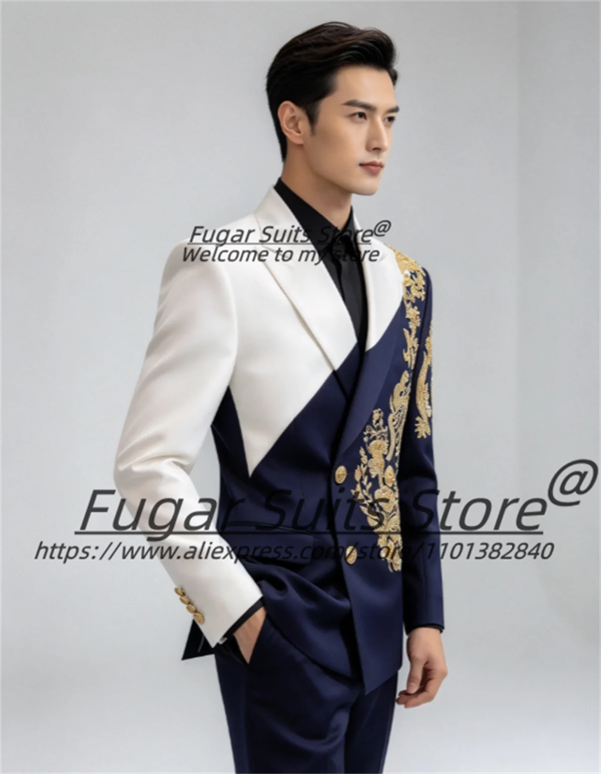 Fashion White Navy Color Block Men Suit Cmized Gold Dragon Embroidery Double Breasted Groom Wedding Tuxedos2Pcs Sets Ropa Hombre