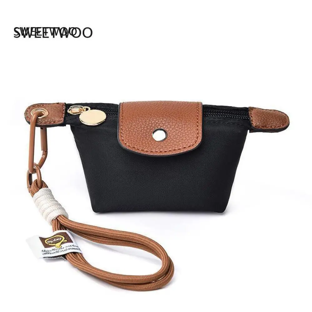 Nylon & Faux Leather Mini Coin Purse, Zippered Pouch with Keychain Wrist Strap