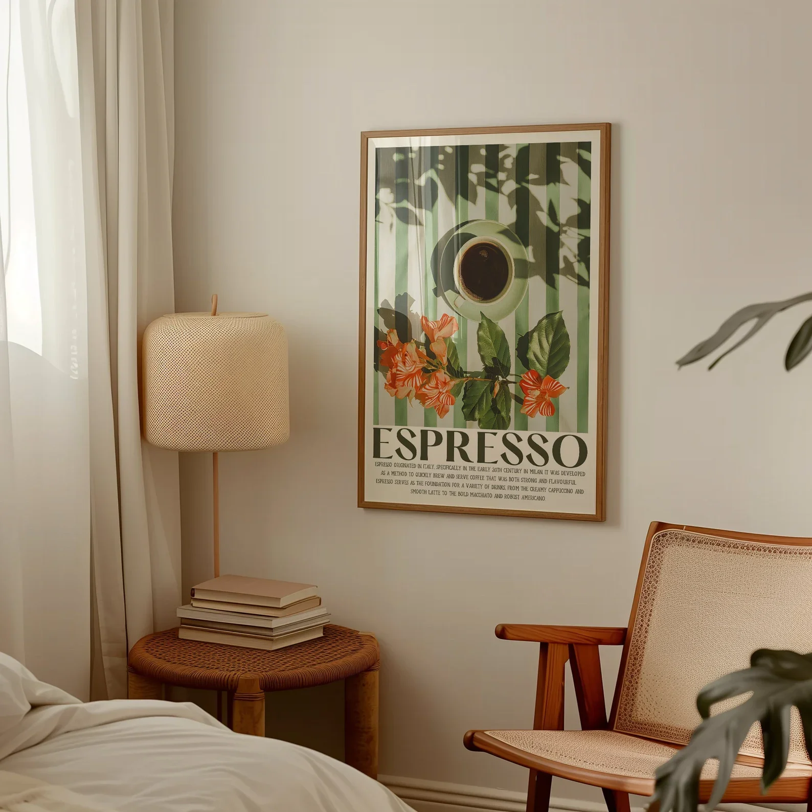 ملصق مطبخ جمالي مطبوع عليه قهوة اسبريسو عتيق مع كوب قهوة إيطالي على الطاولة لديكور المقهى #5