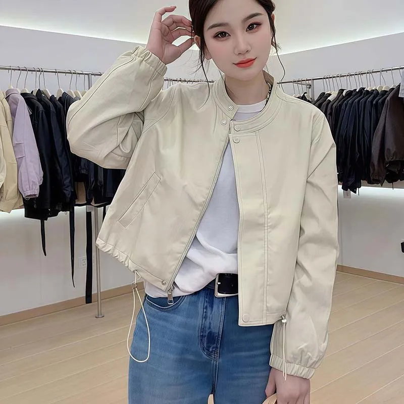 High-Quality Leather Coat Women 2026 Spring Autumn New Korean Outwear Stand Collar PU Leather Jacket Female Tooling Overwear Top