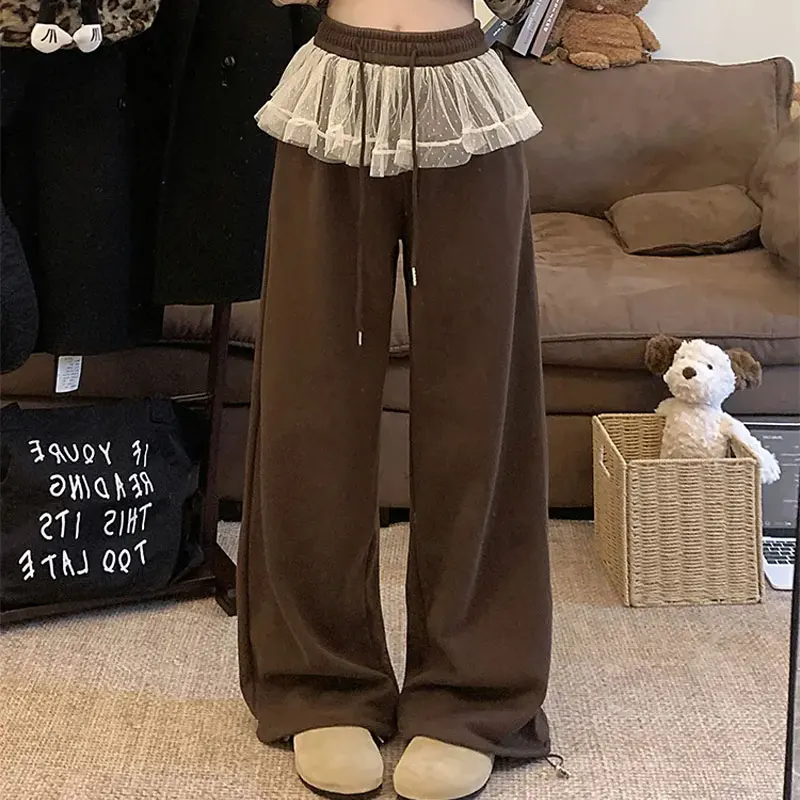 Female Clothing Fashion Lace Sweatpants Patchwork Autumn Winter Lace-up Casual Pants Loose Wide Leg Basic Solid Color Trousers