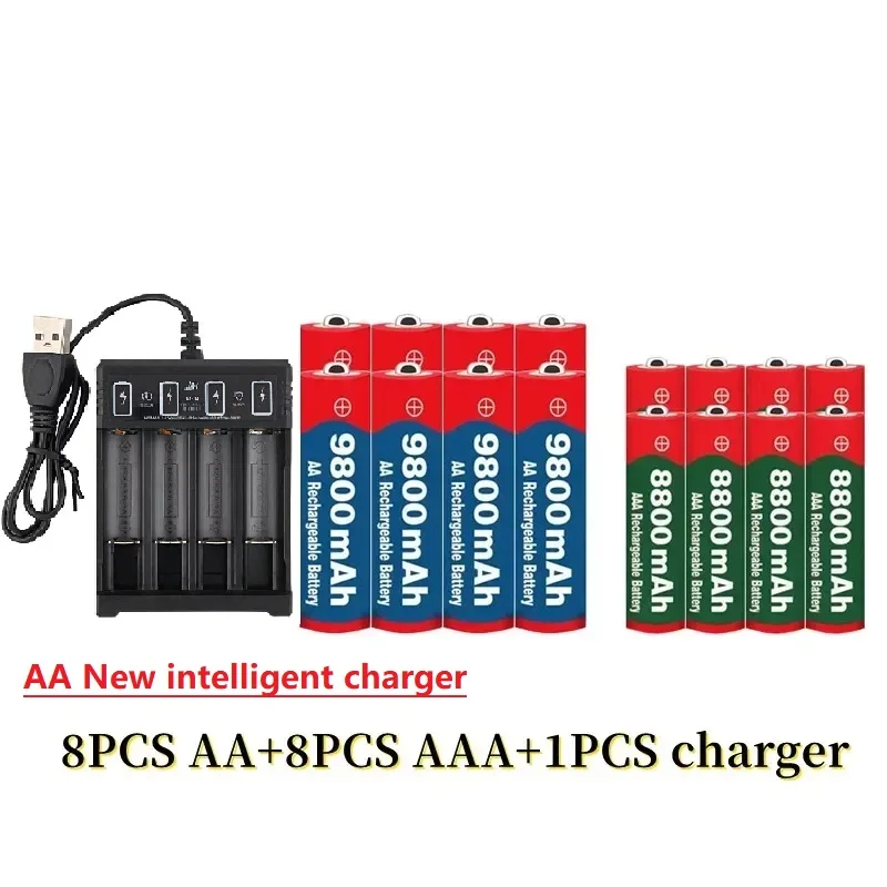 Batería recargable de níquel-hidrógeno, pila de 1,5 V, AA9800mAh + AAA8800mAh + USBcharger 1,5 V, utilizada para juguetes electrónicos, baterías de cámara, novedad