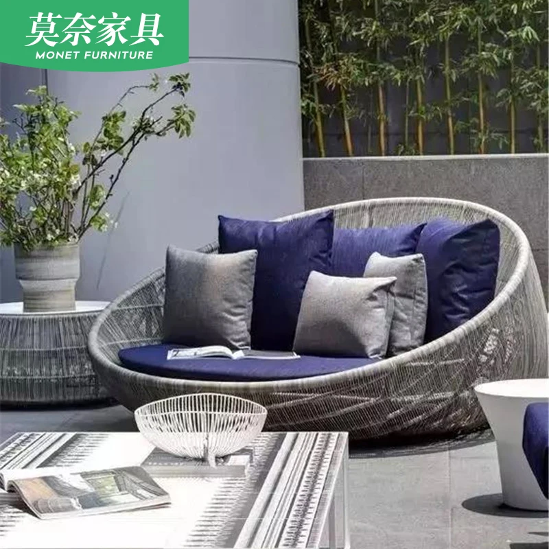 Outdoor Rattan Bed Hotel Terrace Balcony Furniture Softcover Home Nordic Villa Leisure Round Sofa Garden