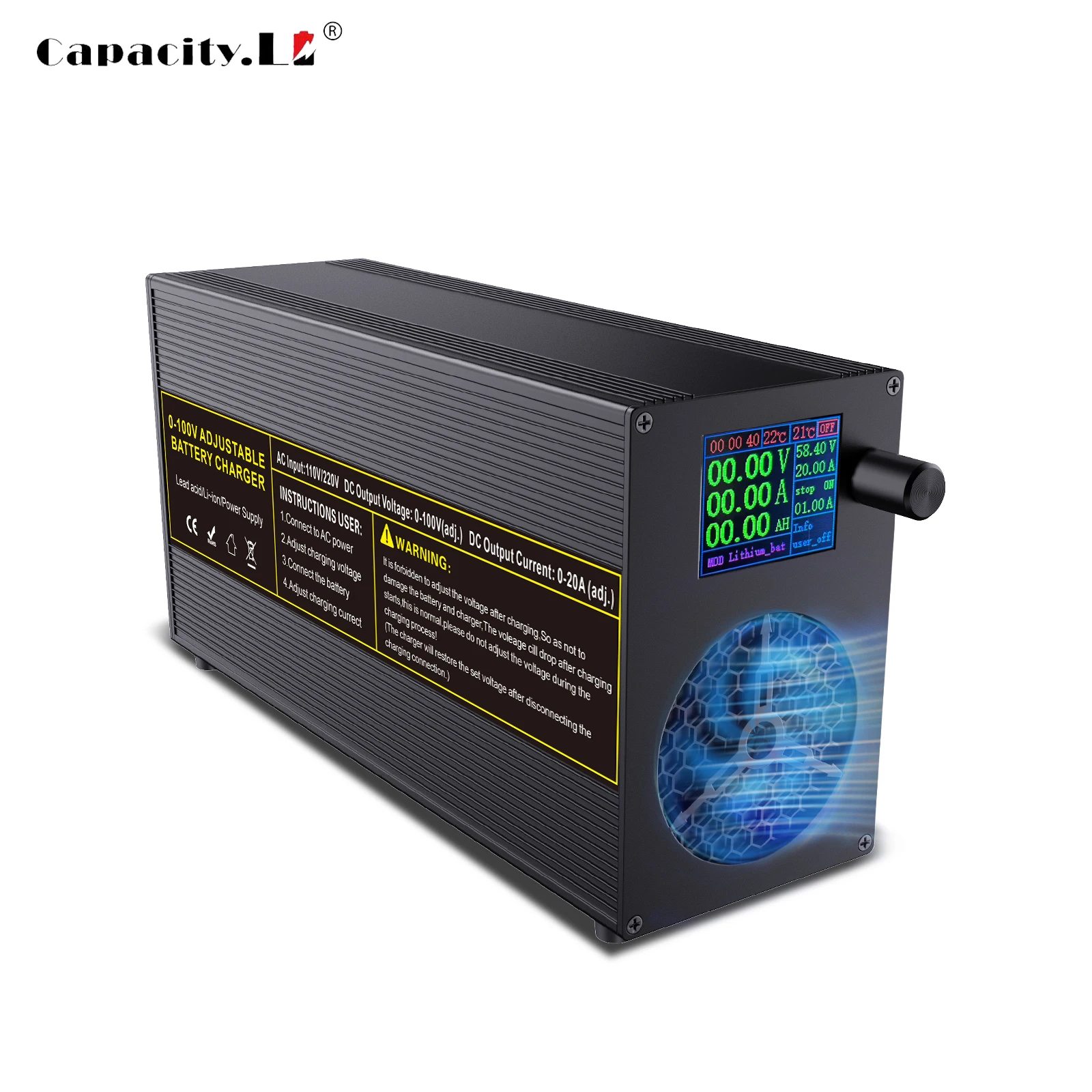 Verstelbare spanning/stroom snellader voor lithium/Lifepo4/loodzuuraccu Universeel 12V24V36V48V60V/20A40A Alle apparatuur - afbeelding 2
