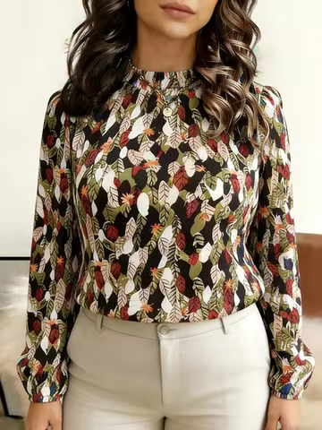 Blusa Feminina de Gola Alta com Manga Longa, Estampa de Folhas, Blusa Solta com Babados, Blusa Boho, Blusa Casual de Primavera e Verão, Blusa Leve para o Dia a Dia