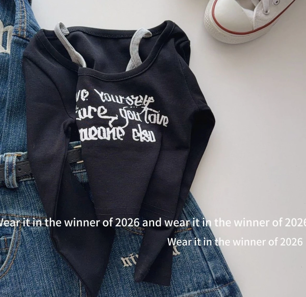 Children's T-shirts Spicy Girl Letter Fake Two Piece Design T-shirt Autumn Short Style Strap Stacked Long Sleeve Top
