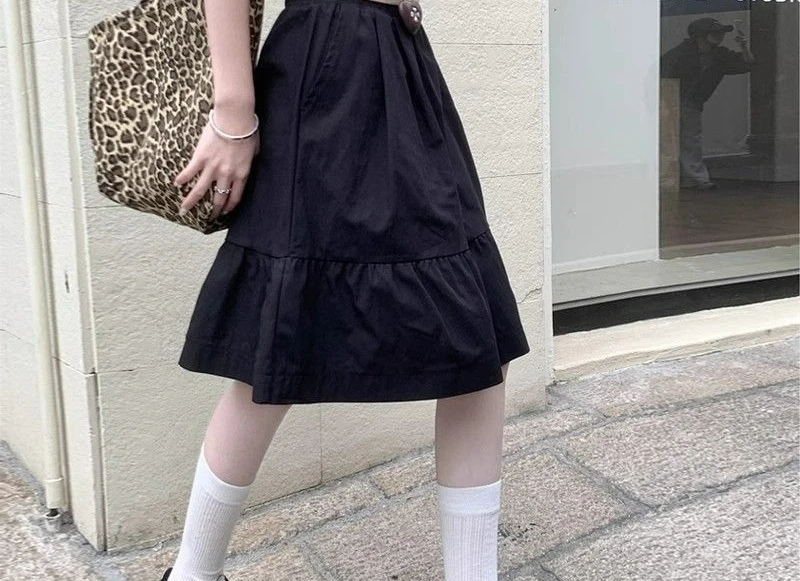 

Pocket Black Short Skirt Women's Retro High Waist Thin A-shaped New Elastic Waist Skirt