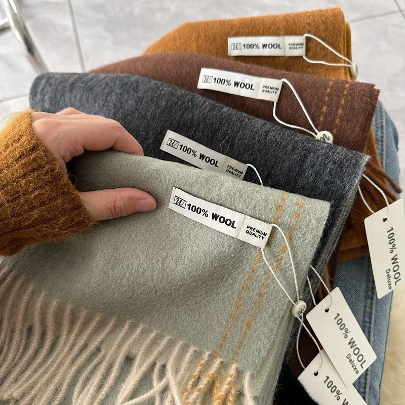 

2025 Winter New 100% Pure Wool Double sided Women's Scarf with Bright Thread Tassel Edition Design Couple's Neck and Outer shawl