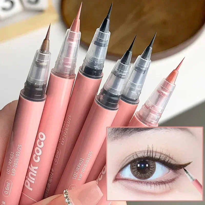 1 szt. Ultra cienki jedwabisty, matowy płynny Eyeliner wodoodporny, nie rozmazany, trwały czarno-brązowy różowy leżący jedwabnik Eyeliner makijaż oczu