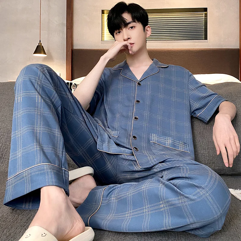 New Cotton Pijama for Men 2 Pieces Lounge Sleepwear Pyjamas Print Summer Bedgown Home Clothes Man PJs Pure Cotton Pajamas Set