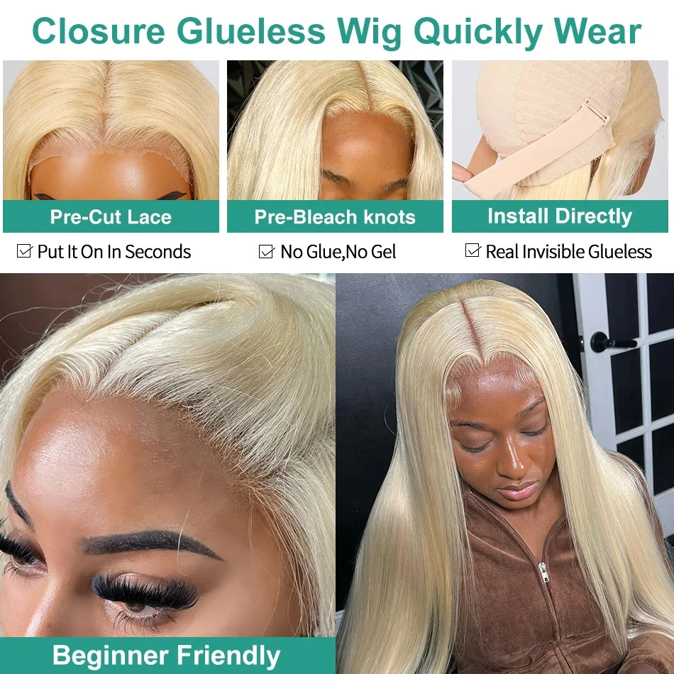 Perruque Lace Front Wig brésilienne naturelle, cheveux lisses, blond 613, 13x6, 13x4, pre-plucked